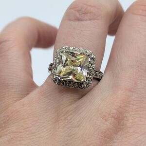 Silver Tone Pave Halo Square Light Yellow Crystal Statement Ring Studded Band 6